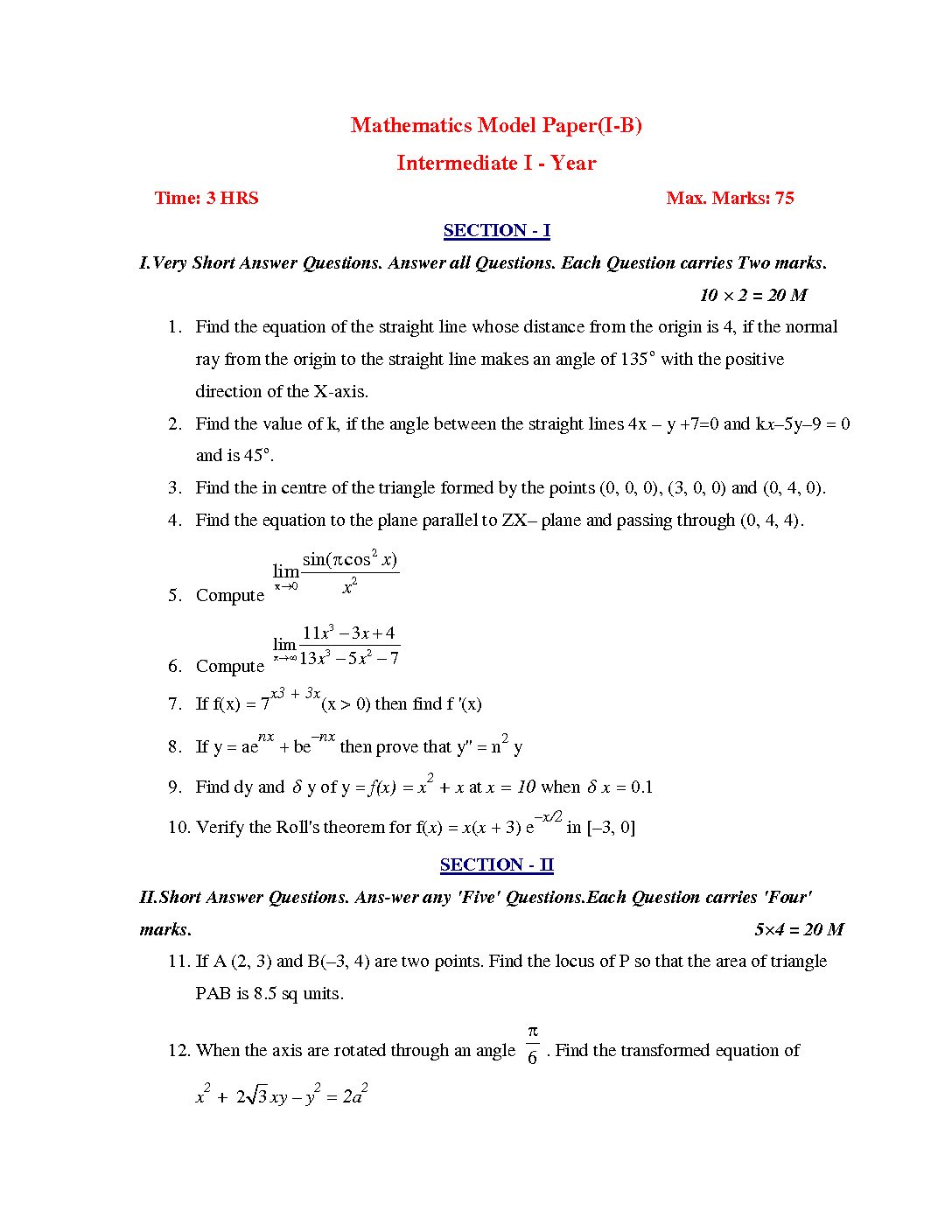 Inter 1st Year Maths-1B 2018 Model Paper-1